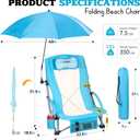 Low Beach Chair with Umbrella High Back Folding Camping Chair for Adults Breathable Mesh Seat and Back with Padded Headrest Cup Holder Storage Pocket Adjustable Tilt Sunshade Portable for Beach