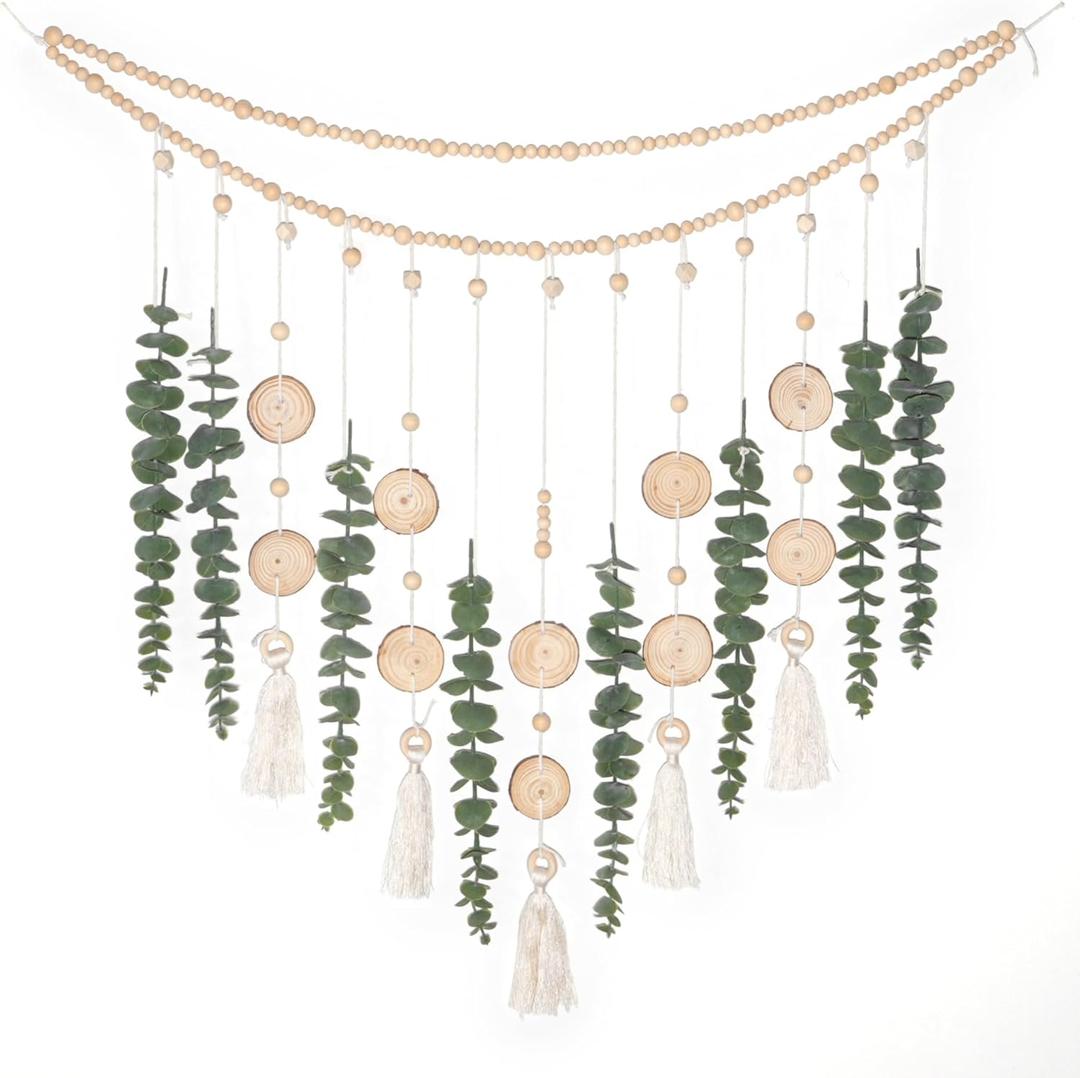 Artificial Hanging Eucalyptus Wall Decor Fake Greenery Leaves Wall Hanging Plants on Long Wooden Beads Garland Wall Art Large Boho Rustic Farmhouse Decor for Bathroom Bedroom Living Room Sage Green