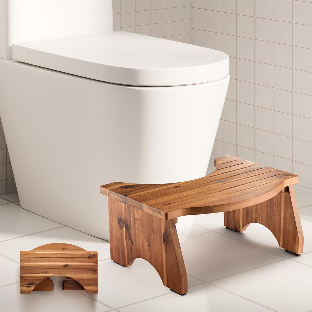 TINAMO Acacia Wood Foldable Toilet Stool for Bathroom Adults - 7.2" Poop Stool for Kids - Pooping Stool Squat with Anti Slip Layer - Bathroom Stools for Sitting/Travel (Acacia, 7.2" Height)