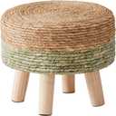 Cpintltr Ottoman Natural Seagrass Footrest Poufs Hand Weave Round Foot Stool for Couch Desk Soft Step Stool Padded Foot Rest with Pine Legs for Living Room Bedroom Natural/Green