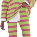 LAMISSCHE Oversized Womens Lounge Set Striped Sweater Set Long Sleeve 2 Piece Pajama Set Top and Pants with Pockets (X-Large, Green & Hot Pink)