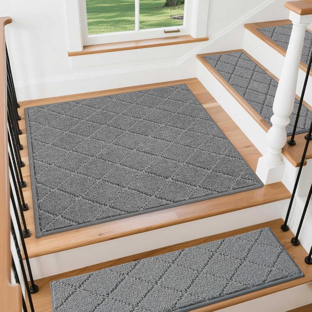 COSY HOMEER Stair Landing Rugs Non-Slip Corner Indoor Edging Stair Treads for Wooden Steps,Washable Soft Stair Landing Mat for Kids,Elder and Dogs,Polyester,TPE Backing,Medium Grey,30x30inch