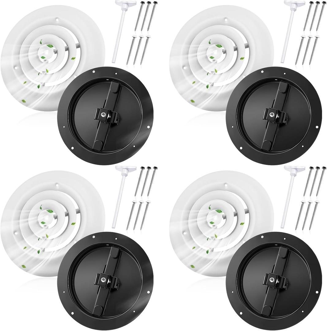 Therwen 4 Pack 6 Inch Round Vent Cover Ceiling Diffuser HVAC Vent Duct Cover Replacement with Steel Butterfly Damper Fitting in 6 Inch Duct, Outer Dimensions: 9-15/16"