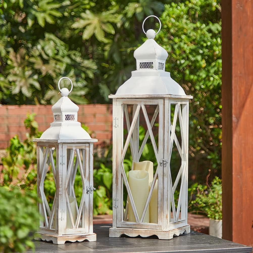 Glitzhome Farmhouse White Wood Metal Lanterns Decorative Hanging Candle Lanterns Set of 2, White