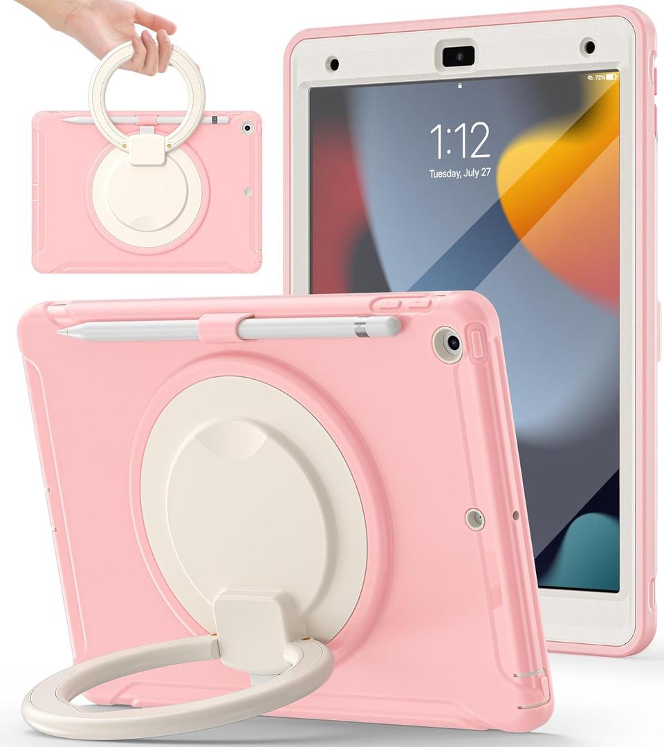 BATYUE Case for iPad 7th/8th/9th Gen 2019/2020/2021: Professional Shockproof 10.2" Cover with Screen Protector, Pencil Holder, 360 Rotating Stand  Kid-Friendly, Cheery Pink