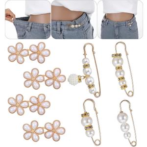 8Pcs Jean Waist Tightener, Metal Pearl Flower Button Pins, Reusable Cincher Clips for Loose Pants Dresses Skirts