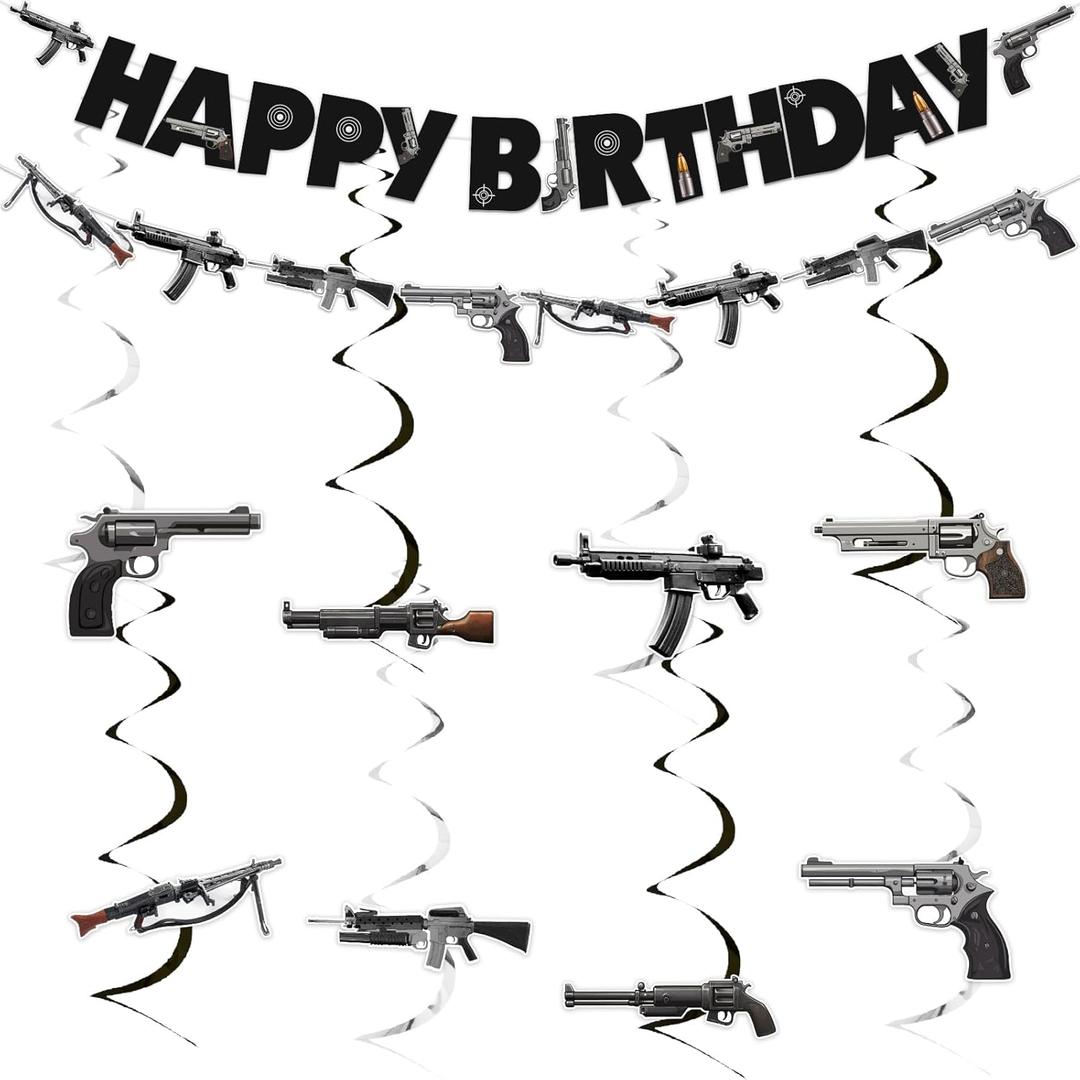 Gun Birthday Party Decorations Military Nerf Gun Theme Happy Birthday Banner Garland Hanging Swirls Pistol Shooting Weapon Rifle Bday Baby Shower Party Supplies