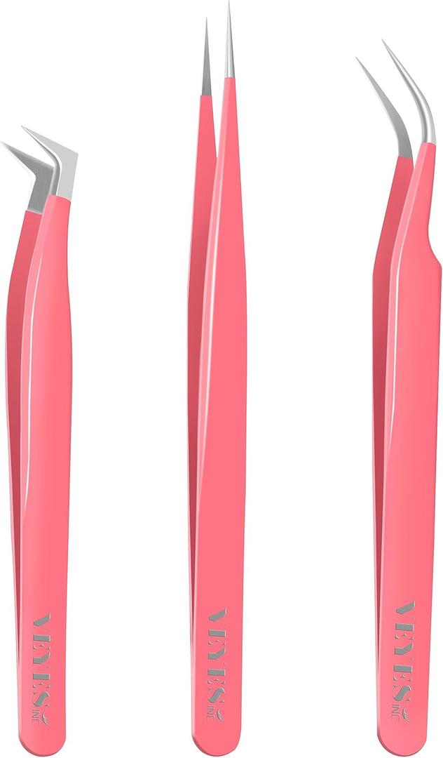 VEYES INC Lash Tweezers for Eyelash Extensions,High Precision Tweezers Kit Contains Isolation,Curved and Volume Lash Tweezers (3pcs) Pink