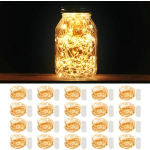 MUMUXI 20 Pack 3.3ft Fairy String Lights Battery Operated, Mini LEDs for Party Wedding Centerpiece Decorations, Crafts, Mason Jar Firefly Lights, Warm White (Copper)