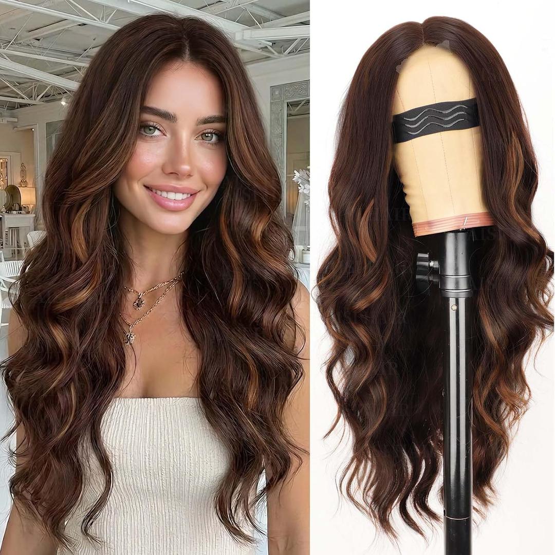 AISI HAIR Chocolate Copper Brown Mixed Light Brown Wig for Women, Long Wavy Lace Hairline Middle Part Synthetic Heat Resistant Wig for Daily Party-26 Inch