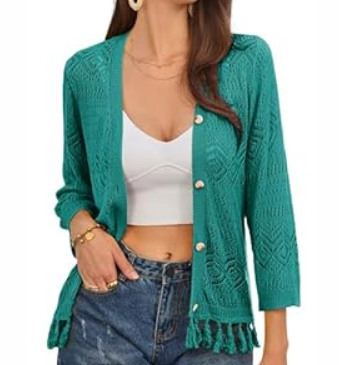 GRACE KARIN Women's 3/4 Sleeve V-Neck Boho Hollowed Out Crochet Knit Shrug Lightweight Cardigan Sweater with Tassels (Apricot)
