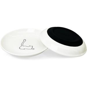 Fhiny 2PCS Cat Food Bowl,6" Ceramic Cat Dishes with Silicone Bottom Shallow Whisker Fatigue Kitten Plates Set for Indoor Cats Non-Slip Wide Kitten Pet Whisker Friendly Bowl for Wet Food Water (Cat)