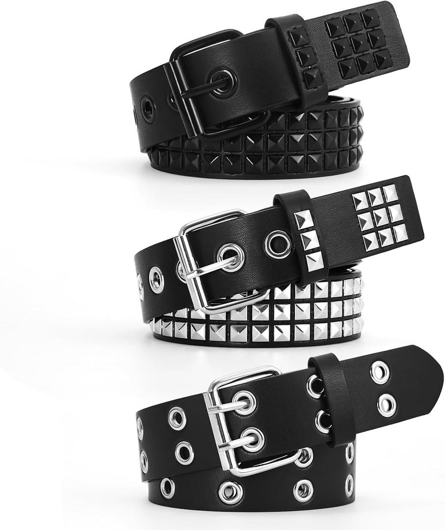 3 Pcs Studded Belt Y2K Metal Goth Punk Rock Rivet Belt with Bright Pyramid Studded for Women Men (Fit Pant 31-36 inch, Silver+black+double Holes)