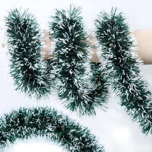 50FT Christmas Tinsel Garland Metallic Twist Shiny Christmas Tree Decorations, Xmas Holiday Hanging Garland for Home Mantle Stair Indoor Outdoor Party Supplies Decor- Green White
