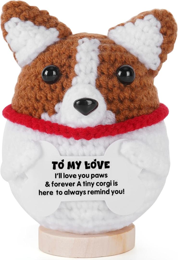 Positive Corgi Crochet Plush, Gifts for Her Him womenfriend menfriend Wife Husband, Handmade Knitted Small Thoughtful I Love You Gift Idea for Birthday Christmas Anniversary Valentines Day