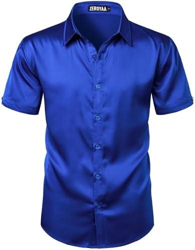 ZEROYAA Men's Hipster Shiny Silk Satin Shirt Regular Fit Short Sleeve Casual Button Down Dress Shirts for Summer Party size XL