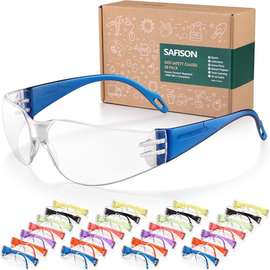 SAFISON 28 Pack Kids Safety Glasses, ANSI Z87.1 Child Size Protective Goggles in 7 Colors, Scratch and Impact Resistant Clear Lens Eyewear with Color Frame for Nerf Party/ Science/ School Projects