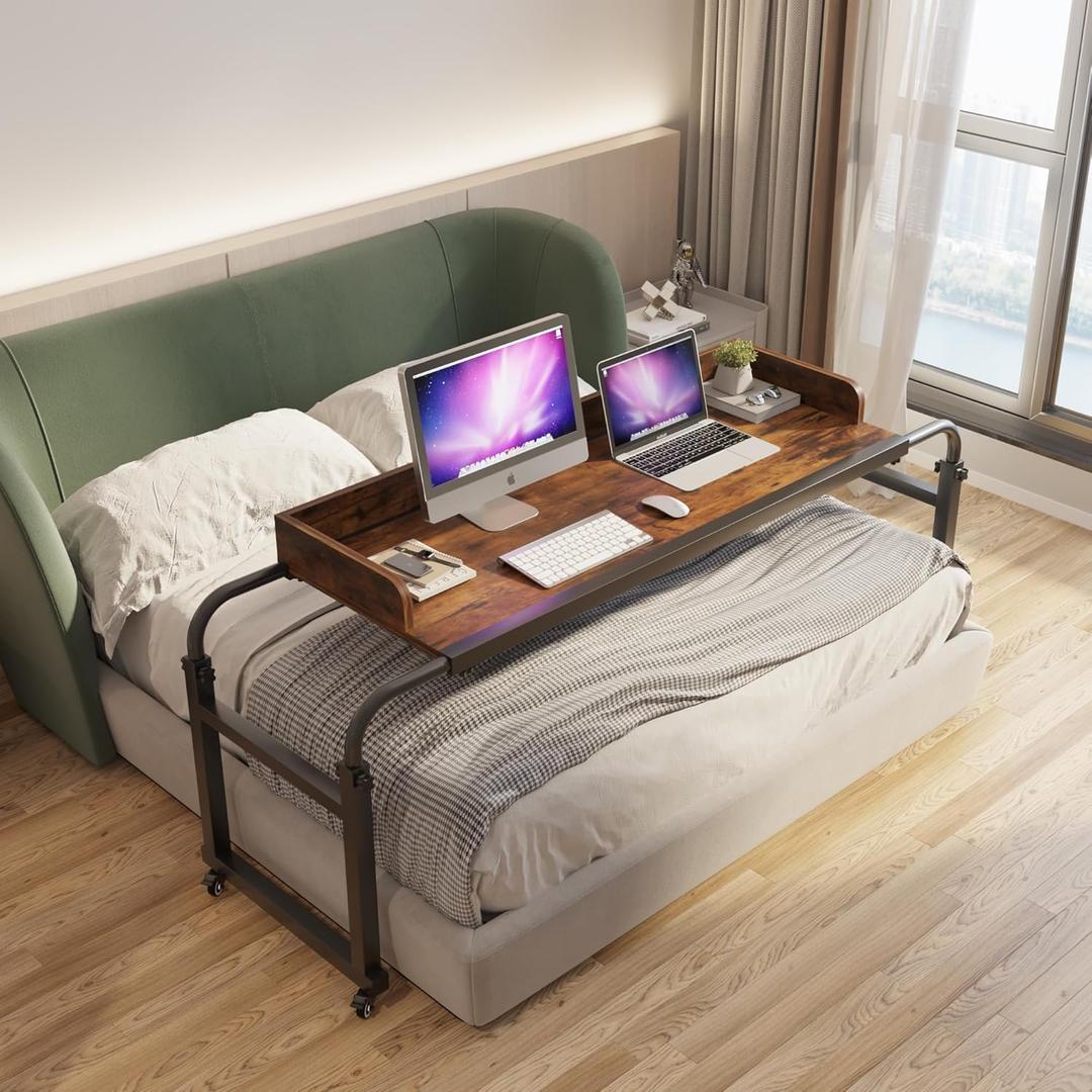 TigerDad Overbed Table with Wheels, Modern Style, Brown, 55.1-82.7x25.6x18.1 inches, 350lbs Weight Capacity