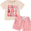 Kayotuas Toddler Baby Girl Birthday Outfit Birthday Girl Shirt and Elastic Shorts Set Cute Summer Clothes Smash Cake Outfits