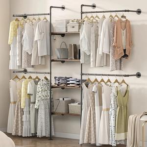 Industrial Pipe Clothing Rack, Heavy Duty Adjustable Garment Hanger with Shelves, 2 Installation Methods Closet Storage System for Wardrobe Organization, Black, 80" H x 86" W