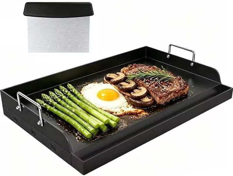 Upgrated 2516 Nonstick Universal Cast Iron Griddle, Muti-Purpose Cooking Griddle for Gas Grill with Grease Groove, Pre-Seasoned Flat Top Plate Insert for Camping, Tailgating, Parties