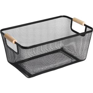 Metal Mesh Steel Basket, Large Wire Storage Organizer Basket Multi-function Hanging Kitchen Baskets with Wood Handle for Kitchen Bathroom Picnic Home, Rectangle-Black