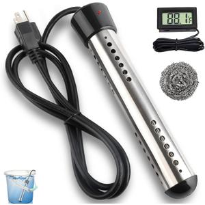 2000W Immersion Heater, Portable Electric Water Heater Fast Heating for Buckets Bathtubs, Submersible Water Heater with LCD Thermometer 304 SS Guard, 5 Gallons of Water in Minutes