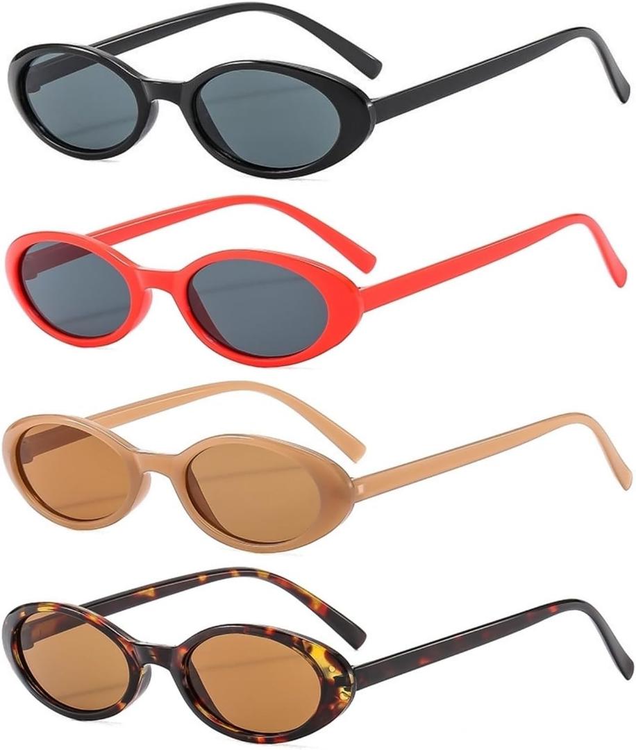 4 Piece Retro Oval Cat Eye Sunglasses for Women Y2k 90s Small Cateye Sun Glasses Trendy Narrow Shades (4Pcs Black+Red+Jelly Tea+Tortoise Tea)