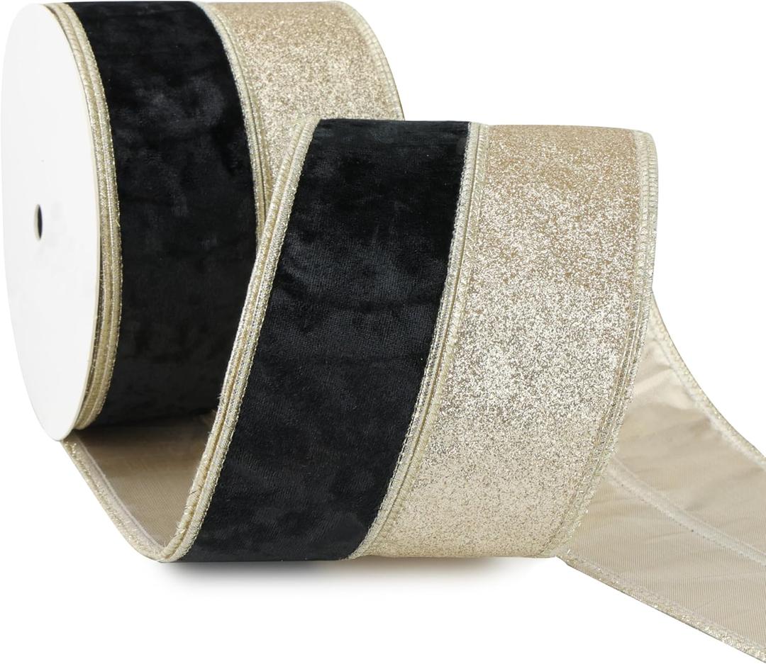 Black Velvet Wired Ribbon 4 Inch x 10 Yards, Champagne Glitter Two Tone Wide Christmas Ribbon for Tree, Wreaths, Bows, Gift Wrapping, New Year Wedding Decor