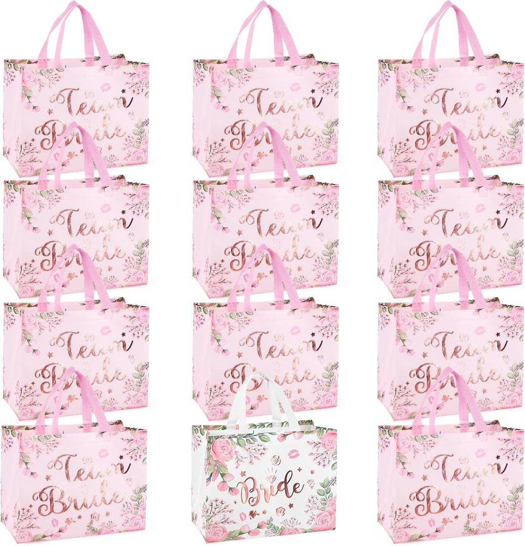 PARSUP 12PCS Bride to Be Bags, Hen Party Tote Bags with Handles, Bridesmaid Treat Bags, Wedding Bridal Shower Gift Non-Woven Bags for Gifts Wrapping, Bachelorette Party Supplies, 12.8"9.8"6.7"