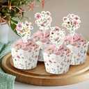 96 Pcs Spring Wildflower Cupcake Toppers and Wrappers Pink Floral Cupcake Picks and Liners for Birthday, Wedding, Bridal Shower, Baby Shower, Garden Spring Party Decorations