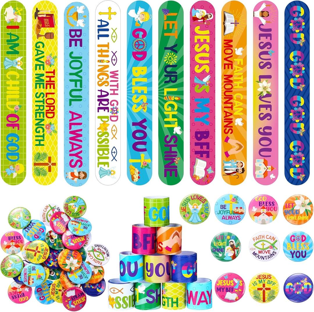 Frienda 60 Pcs Christian Easter Gifts for Kids Religious Slap Bracelets with Badges Christian Gifts Jesus Love You Wristbands Bracelets for VBS Sunday School Supplies Birthday Party Favors(God)