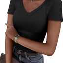 ANRABESS Women Short Sleeve V Neck Ribbed Knit Fitted Shirts Basic Tees Tops 2025 Summer Casual T-Shirts Going Out Outfits, M