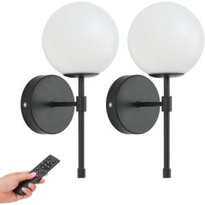 Battery Operated Globe Wall Sconces Set of 2, Black Wireless Wall Lights with Remote Control, Rechargeable 3 Color Stepless Dimming Modern Wall Decor Lamp for Bedroom Living Room Hallway