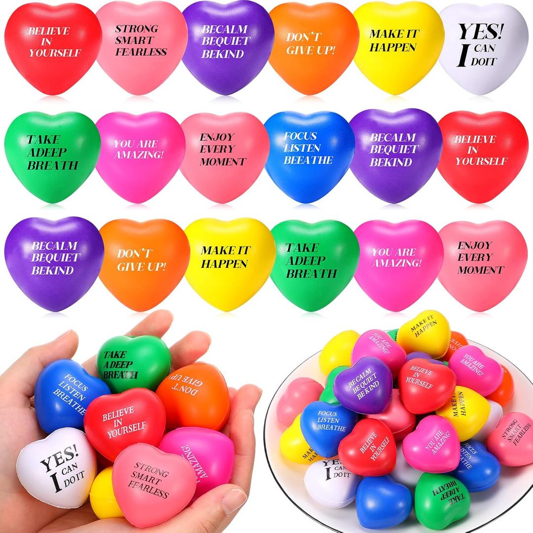 Jerify 100 Pcs Heart Stress Balls 1. 57'' Motivational Inspirational Colorful Stress Relief Foam Ball Anxiety Relief Toys for Kids Adults School Carnival Reward Valentine Gift