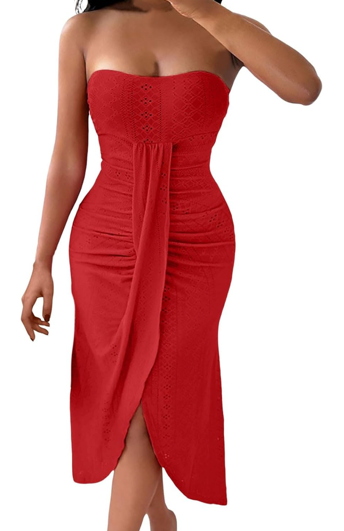 Women's Strapless Ruched High Waist Wrap Split Asymmetrical Beach Maxi Long Dresses S