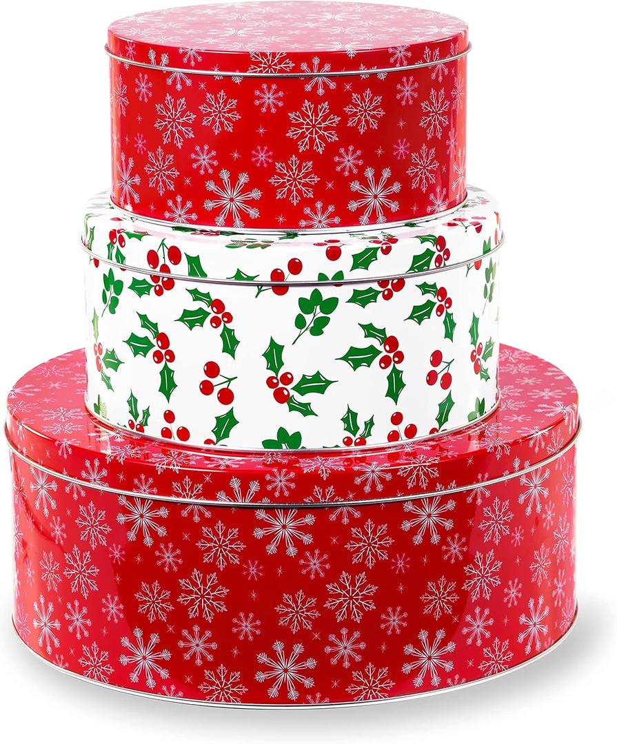 Steel Mill & Co Tin Containers with Lids, 3 Pack Christmas Cookie Tins, Festive Cookie Tins for Gift Giving & Holiday Treats, Round Metal Nesting Containers, Large Medium Small, Snowflake & Holly