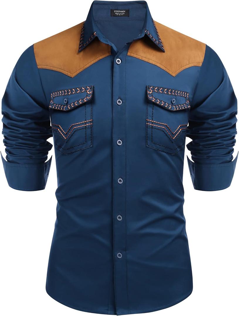 COOFANDY Men's Western Cowboy Shirt Embroidered Long Sleeve Slim Fit Casual Cotton Button Down Hippie Shirts with Pockets (Large, Blue)