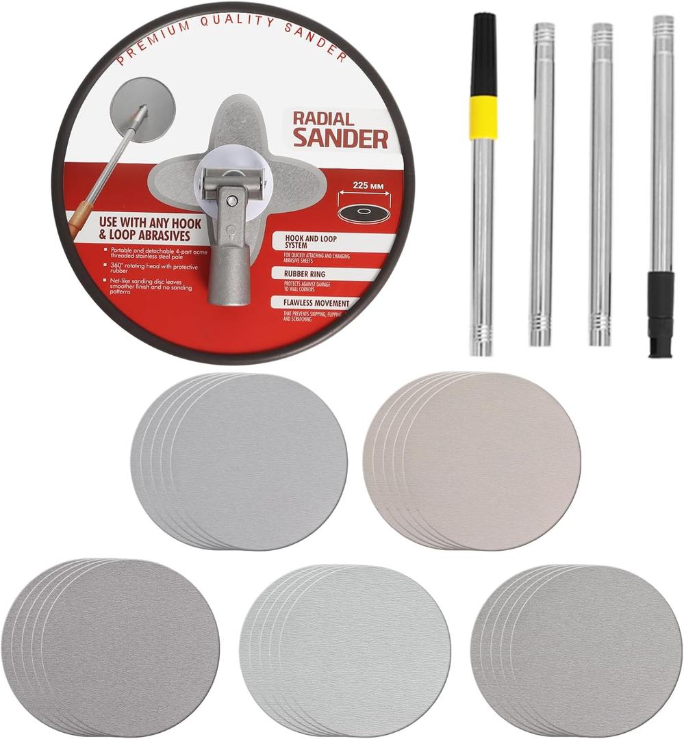 Pole Sander for Drywall, 9 Inch Radial Sander with Pole, Wall Sanders for Painting Prep, 360 Degree Rotary Round Circular Hand Sanding Head for Ceilings (Red)