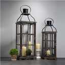 Glitzhome Decorative Candle Lanterns, Set of 2 Farmhouse Oversized Wooden Lanterns Decor Black Lanterns for Porch, Patio, Garden, Balcony, Wedding, Table Centerpiece Decorations (No Glass)