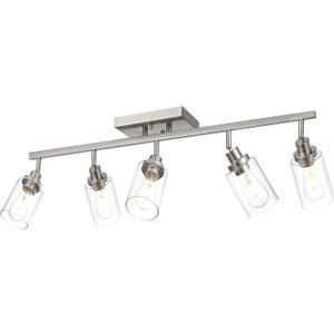 MELUCEE 5 Light Bathroom Light Fixtures Multi-Directional Rotating Track Lighting Kit Brushed Nickel, 37 Inch Ceiling Spotlight Fixture for Kitchen Foyer Bath, Clear Glass Shade