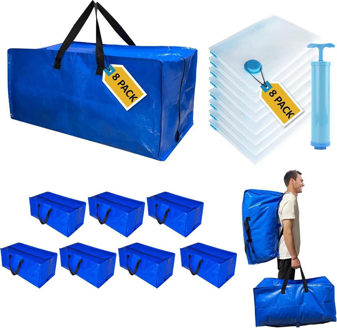 16 Pack Heavy Duty Extra Large Moving Bags with Backpack Straps & Large Vacuum Storage Bags Moving Supply Combo, Moving Totes with Handles & Zippers for Space Saving, Fold Flat, Includes Vacuum Bags (16 Pack-8 Moving Bags+8 Vacuum Bags)