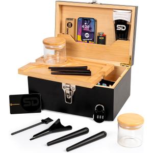 Large Bamboo Box with Combination Lock, Decorative Locking Box with Detachable Compartment, Rolling Tray, Smell Proof Jars, Mylar Bags - Great Holidays Gifts (black)