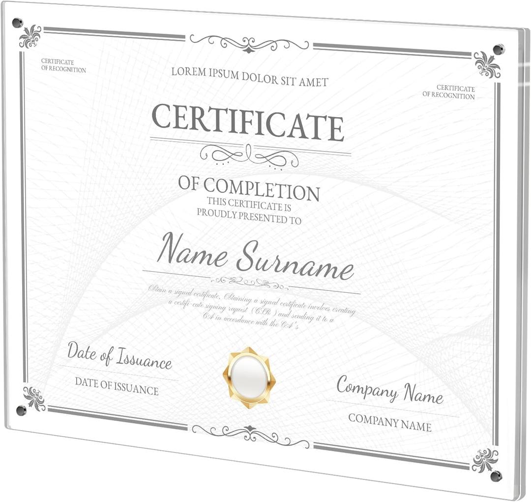 Kalami 11x14 Acrylic Wall Mount Picture Frame Self Adhesive, No Drill Holes Floating Frameless Clear Photo Frame for Diploma Certificate Degree Document Display Gallery Wall-Full Frame is 12x15