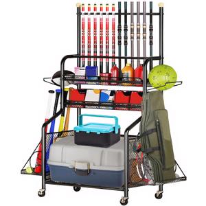 Fishing Storage Organizer Fishing Pole Holders for Garage Fishing Tackle Storage 3 Layer Fishing Rack Carts with Fishing Rod Holder Fishing Gear Storage (Dark Black)