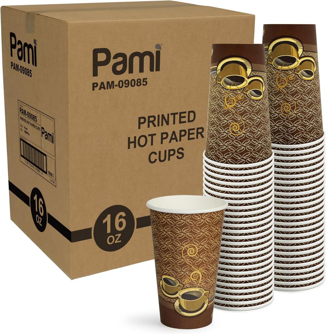 PAMI Disposable Paper Coffee Cups 16 oz,Single-Use,Leak Resistant,1000 Ct