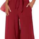 PRETTYGARDEN Women's Summer 2 Piece Outfits 2026 Cap Sleeve V Neck Belted Crop Tops Wide Leg Pant Sets Casual Tracksuit (Solid Wine Red)
