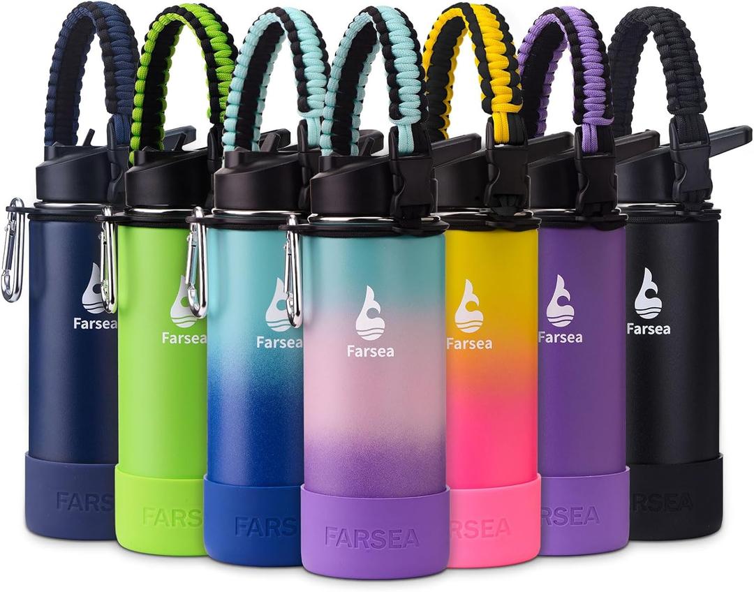 Farsea Insulated Water Bottle With Paracord Handle, Protective Boot and 2 Lids (Straw Lid & Spout Lid), Stainless Steel Water Bottle Wide Mouth, Double Wall Sweat-Proof BPA-Free, 18 oz (Ocean)