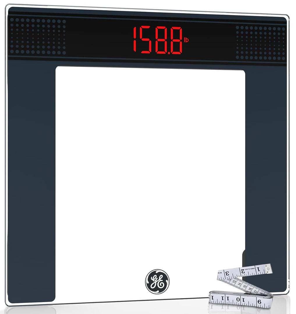GE Bathroom Scale for Body Weight: Highly Accurate Digital Scale Weighing Machine with Clear Tempered Glass, 11.8" Large Platform, LED Display, 400 lbs, 4 Units, with Body Tape Measure and Batteries (Transparent)