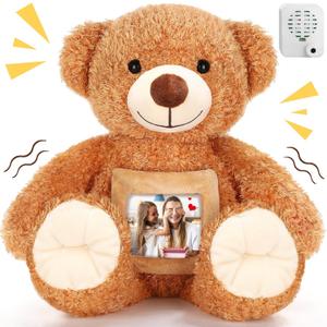 Liliful Valentine Bear Stuffed Animal Operation Recorder Bear with Voice Recorder 12 Inch Remembrance Animal Plush Toy with Photo Frame for Baby Shower Wedding Gifts (Light Brown)